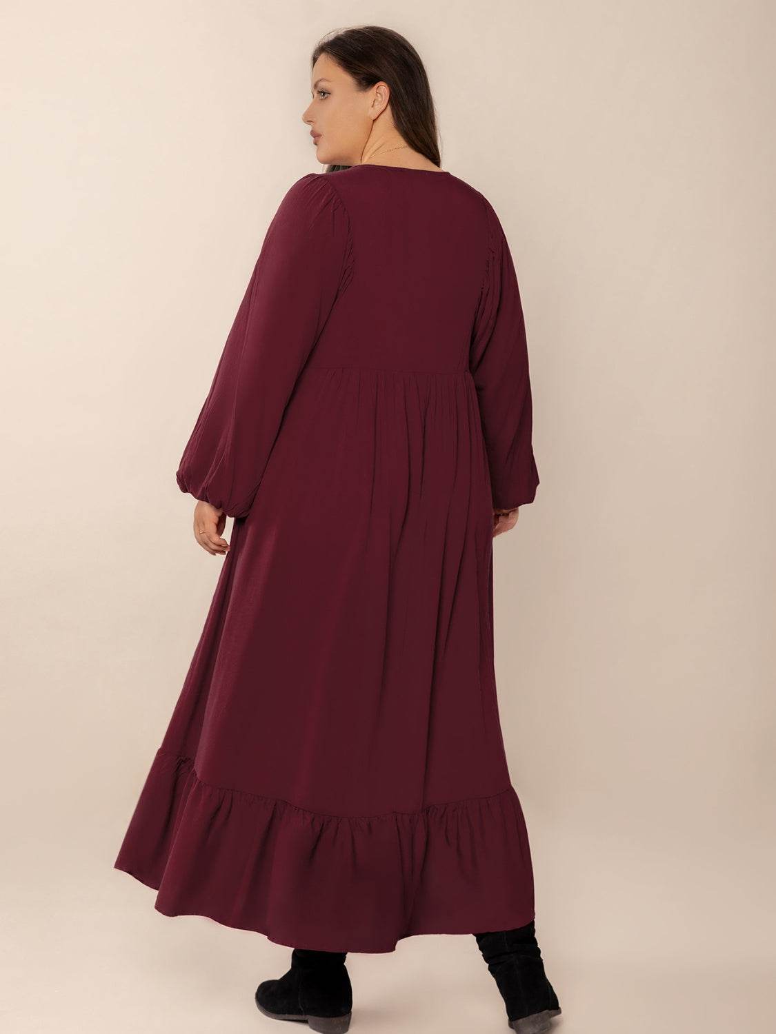 Plus Size Ruffled Hem V-Neck Balloon Sleeve Dress - Selvanelle