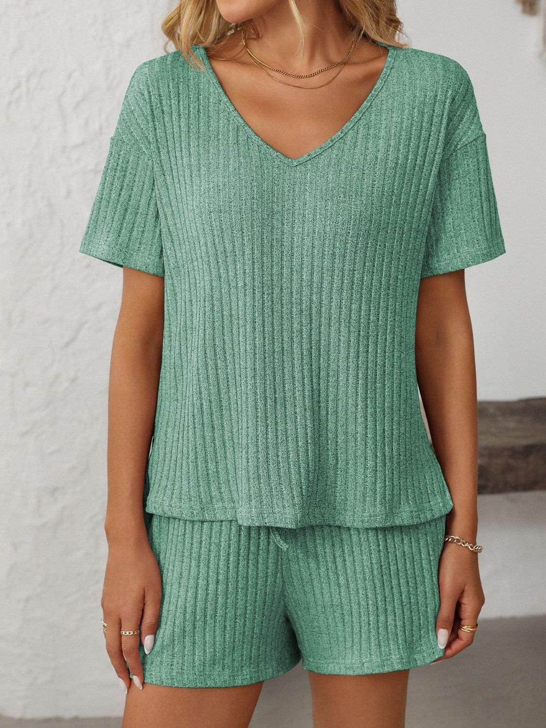 Mandy V-Neck Short Sleeve Top and Shorts Set for Women - Selvanelle