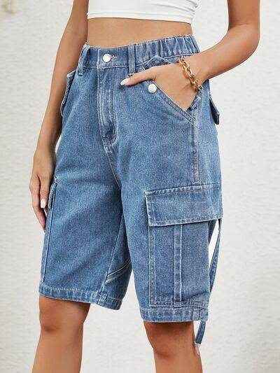 Buttoned Elastic Waist Denim Shorts with Pockets for Women - Selvanelle