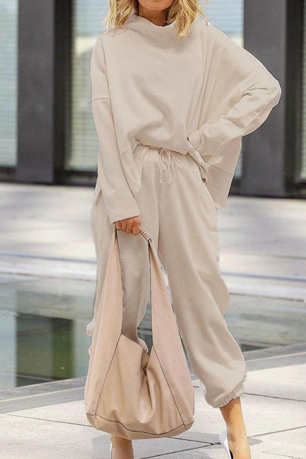 Mock Neck Drop Shoulder Top and Pants Set for Women - Selvanelle