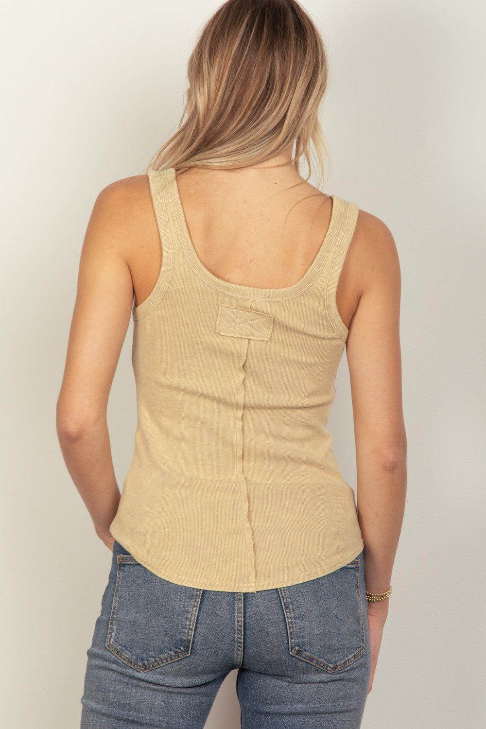 VERY J Washed Ribbed Tank with Placket Detail Top - Selvanelle