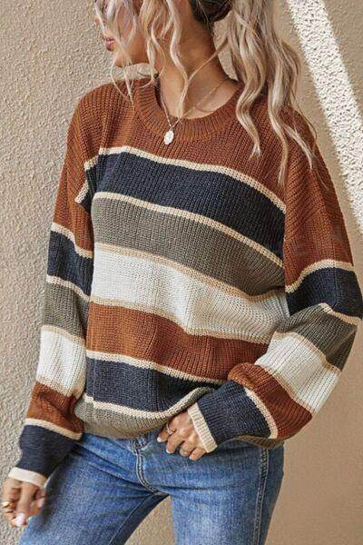 Contrast Striped Round Neck Long Sleeve Sweater for Women - Selvanelle