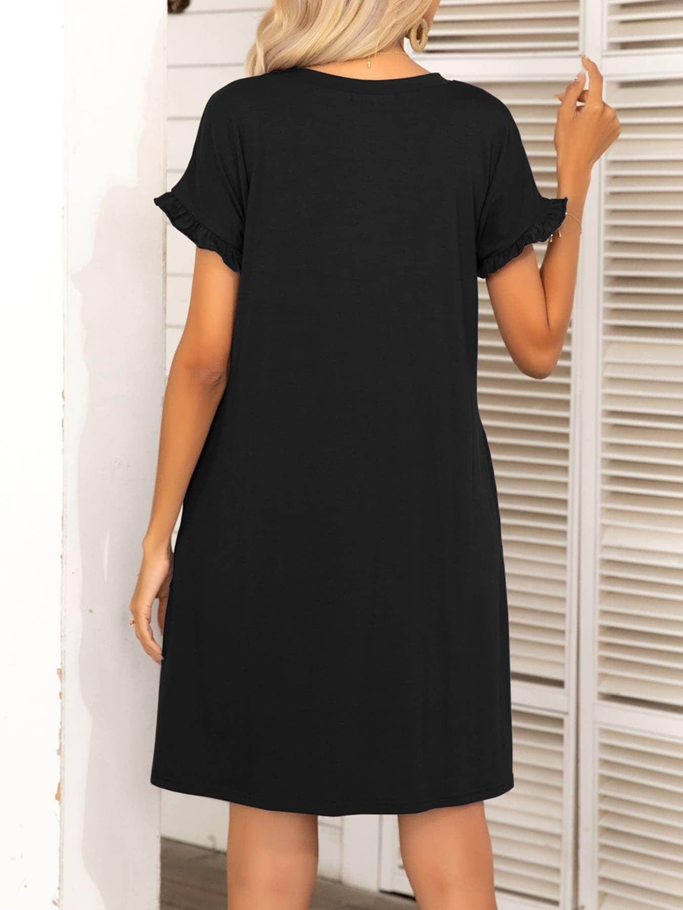 Round Neck Flounce Sleeve Dress with Pockets for Women - Selvanelle