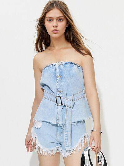 Buttoned Raw Hem Tube Denim Top for Stylish Comfort - Selvanelle