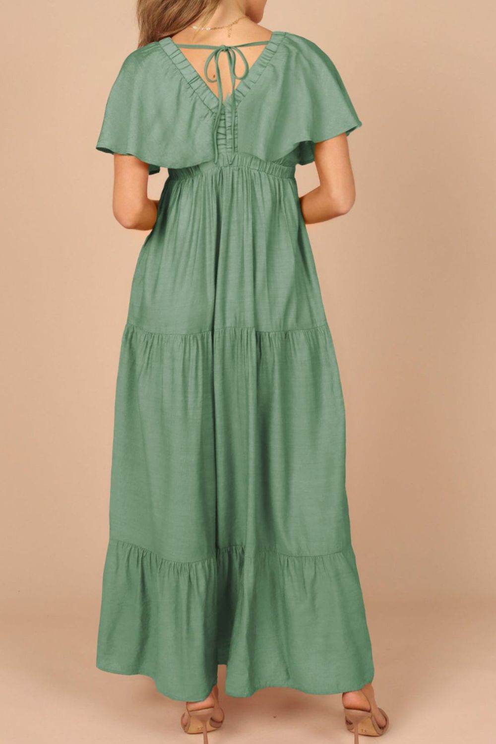 Ruffled V Neck Flutter Sleeve Maxi Dress - Selvanelle
