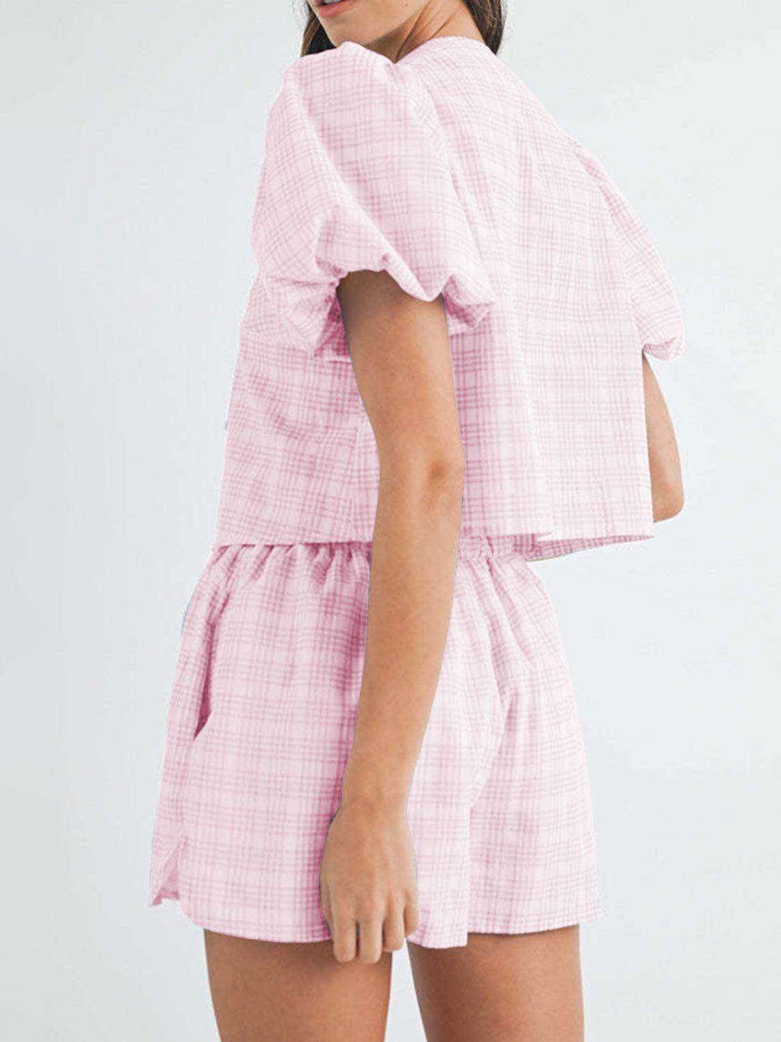 V-Neck Puff Sleeve Top and Shorts Set for Women Fashion - Selvanelle