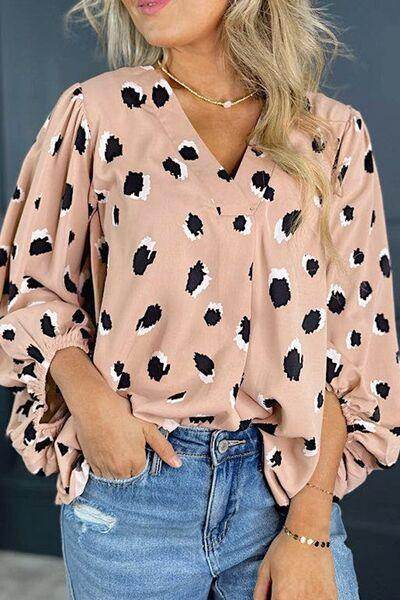 Contrast Animal Print V-Neck Long Sleeve Blouse for Women - Selvanelle