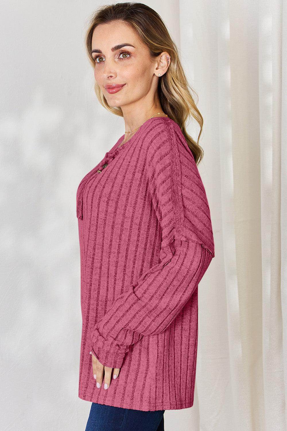 Basic Bae Full Size Ribbed Half Button Long Sleeve T-Shirt - Selvanelle