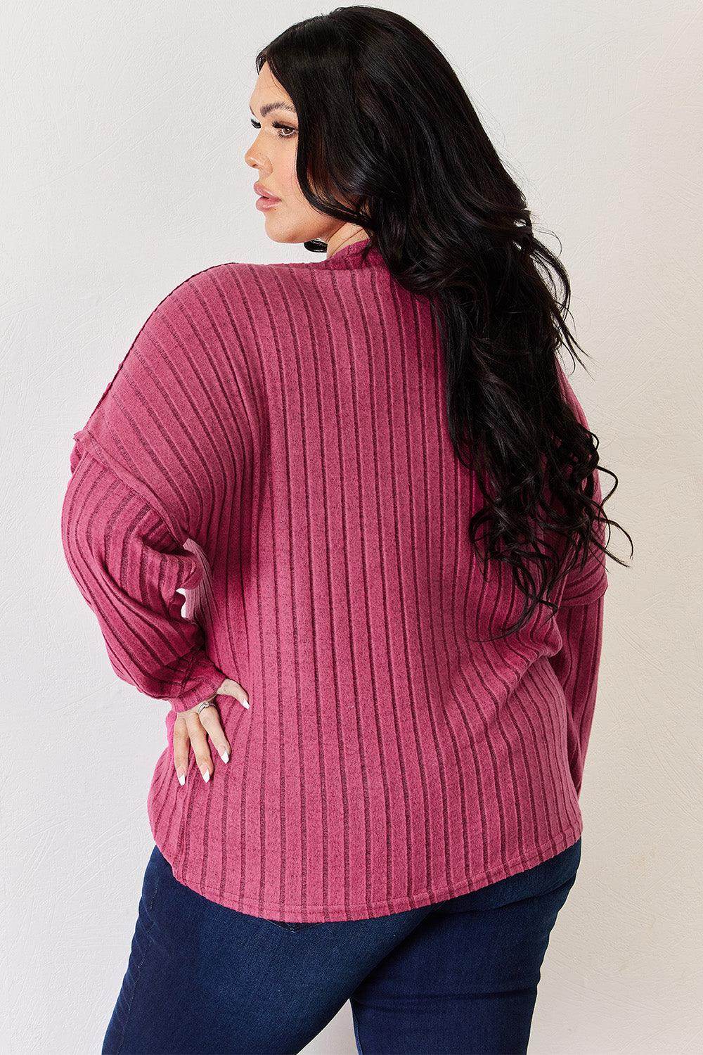Basic Bae Full Size Ribbed Half Button Long Sleeve T-Shirt - Selvanelle
