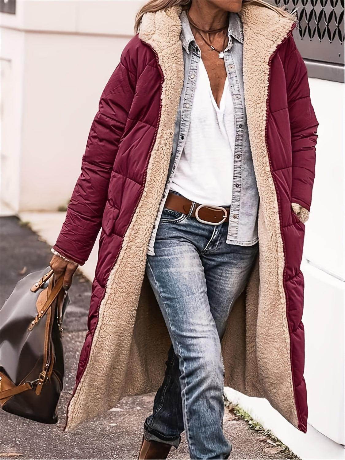 Full Size Zip Up Sherpa Hooded Coat for Women and Plus Size - Selvanelle