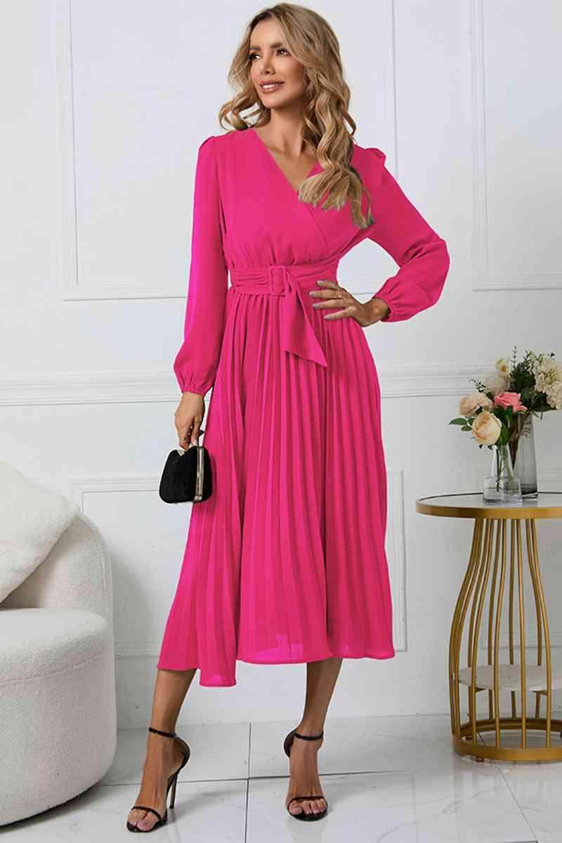V-Neck Long Sleeve Tie Waist Midi Dress for Women - Selvanelle