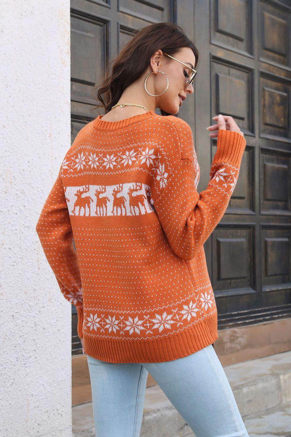 Reindeer & Snowflake Pattern Dropped Shoulder Pullover Sweater - Selvanelle