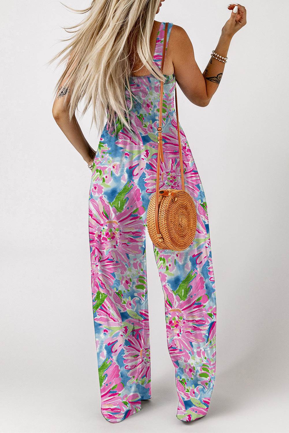 Floral Smocked Square Neck Jumpsuit with Pockets - Selvanelle