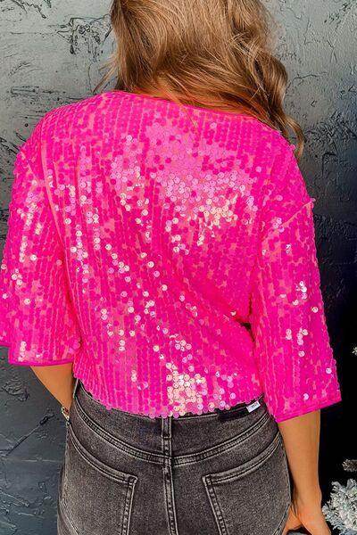 Sequin Round Neck Half Sleeve Blouse for Stylish Women - Selvanelle