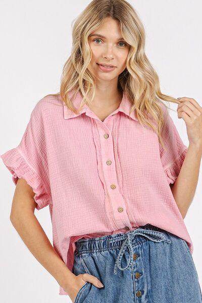 Mittoshop Mineral Washed Button Down Flounce Sleeve Shirt - Selvanelle
