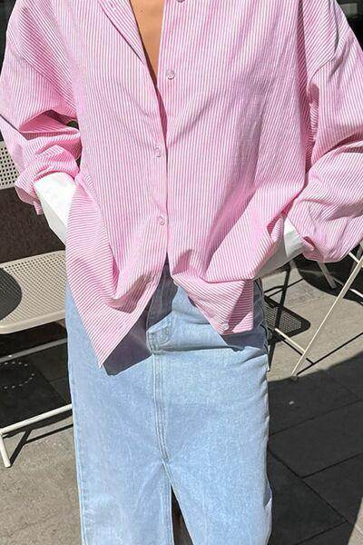 Striped Collared Neck Long Sleeve Shirt for Women Fashion - Selvanelle