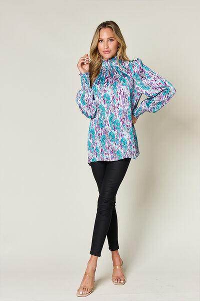 Double Take Full Size Printed Smocked Long Sleeve Blouse - Selvanelle