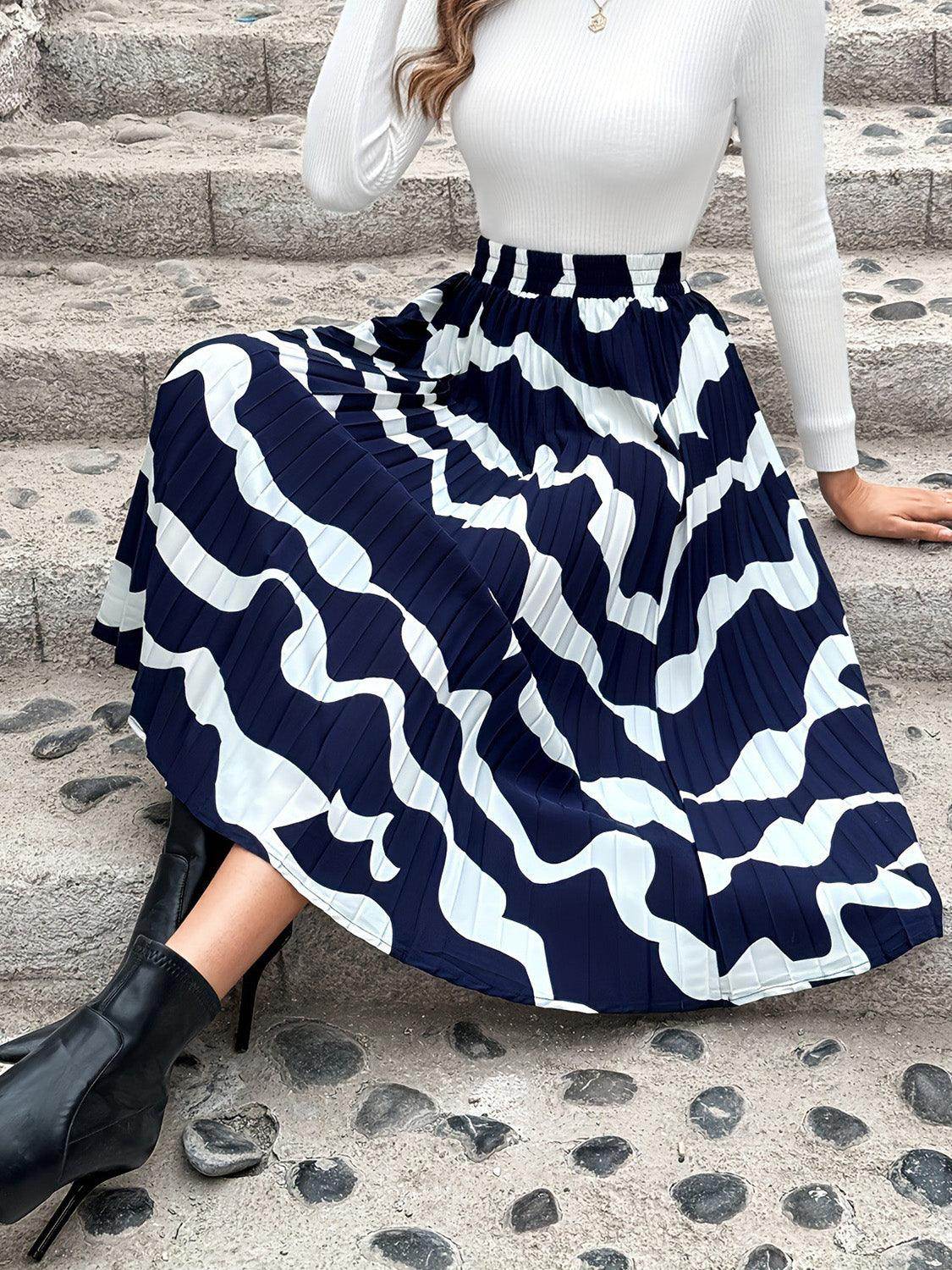 Pleated Printed Elastic Waist Skirt for Women in Various Sizes - Selvanelle