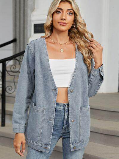 Pocketed V-Neck Button Up Denim Jacket for Stylish Looks - Selvanelle