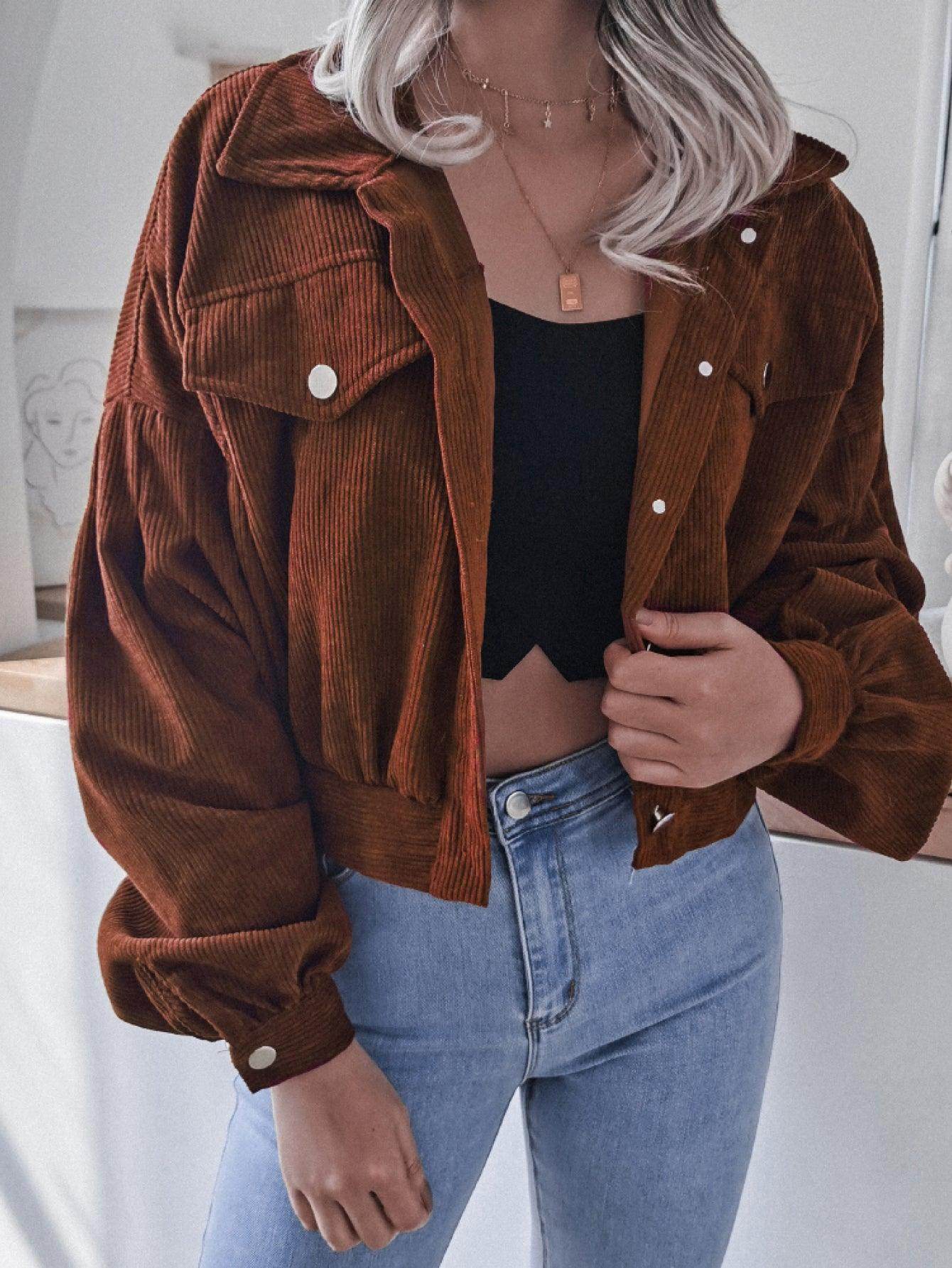 Lantern Sleeve Cropped Corduroy Jacket for Stylish Comfort - Selvanelle