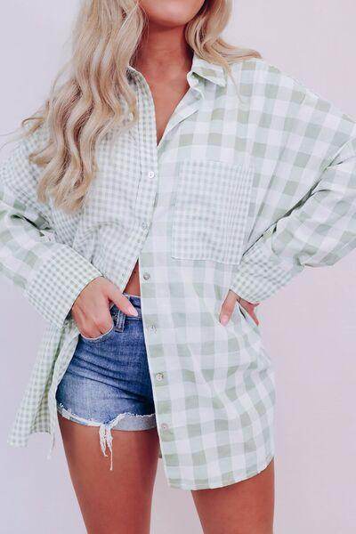 Pocketed Plaid Collared Neck Long Sleeve Shirt for Women - Selvanelle