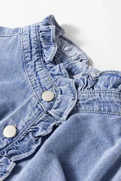 Frill Button Up Long Sleeve Denim Top for Stylish Women - Selvanelle