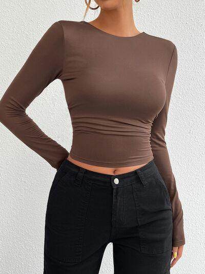 Devine Backless Round Neck Long Sleeve T-Shirt for Women - Selvanelle