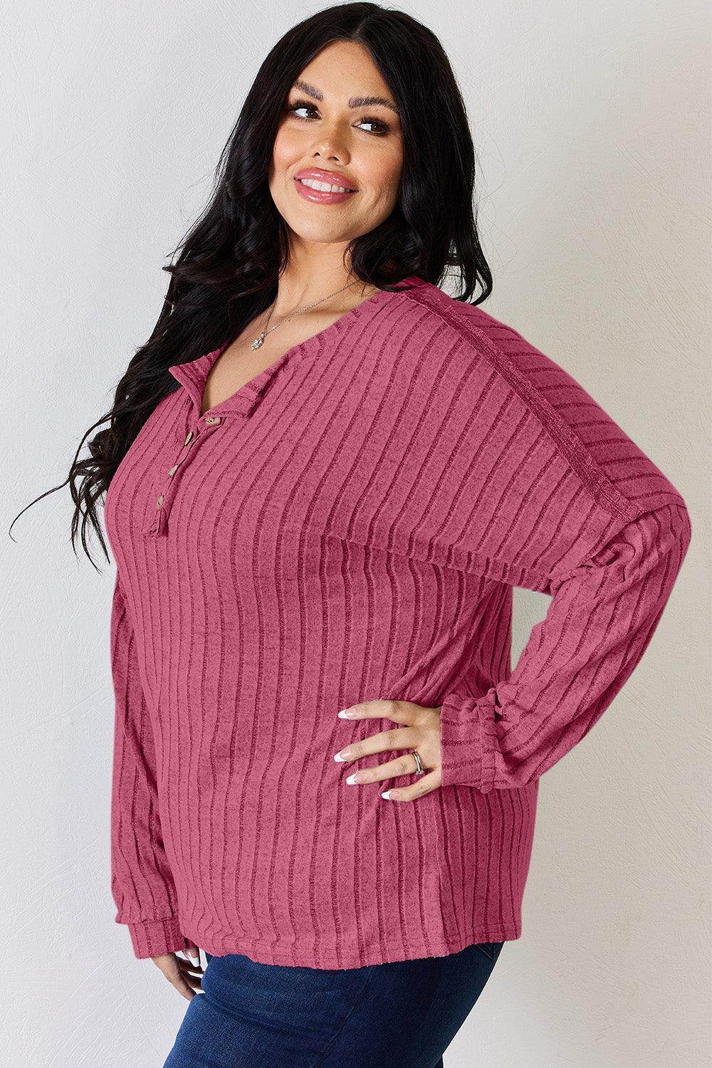 Basic Bae Full Size Ribbed Half Button Long Sleeve T-Shirt - Selvanelle