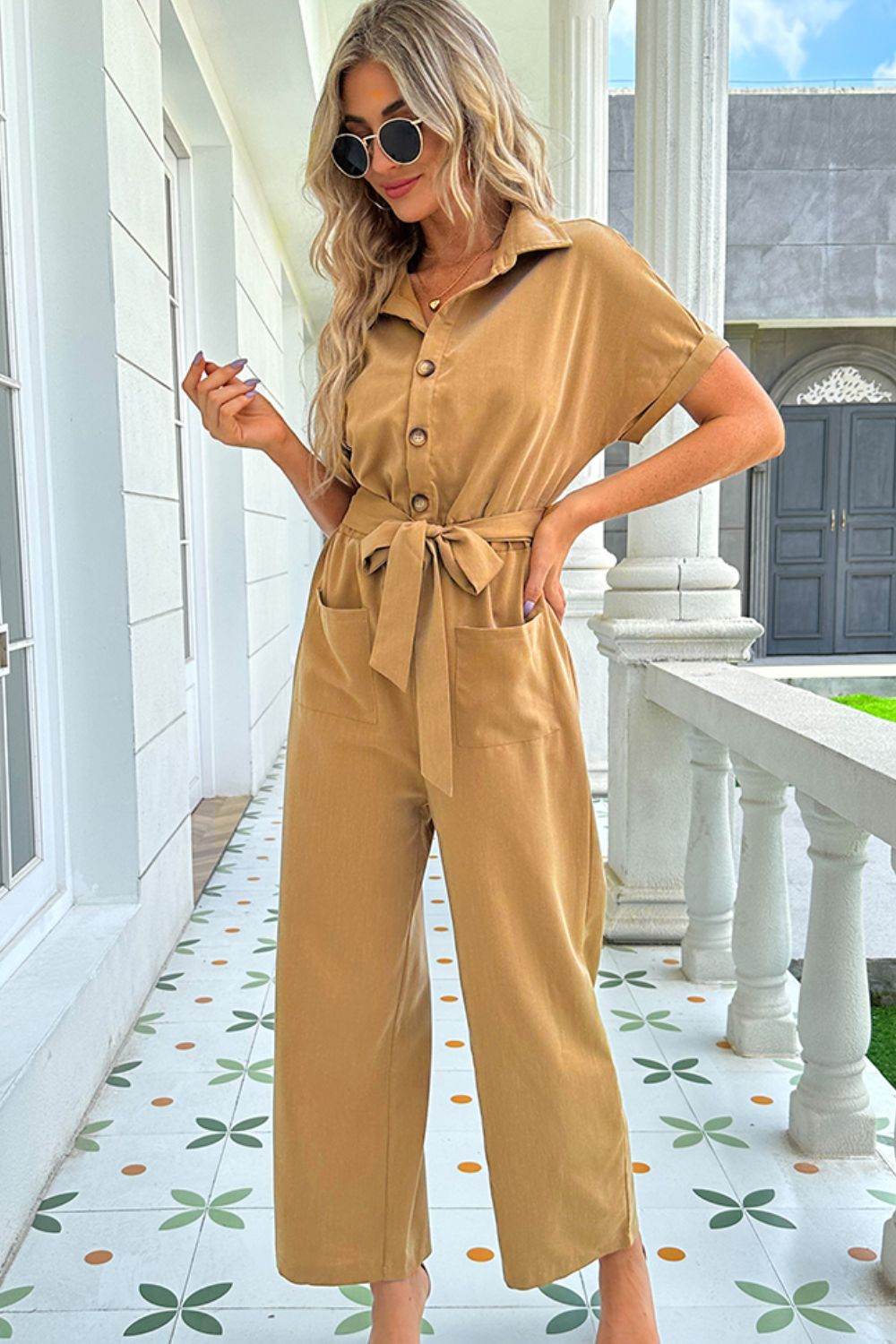 Shiny Tie Belt Buttoned Short Sleeve Collared Neck Jumpsuit - Selvanelle