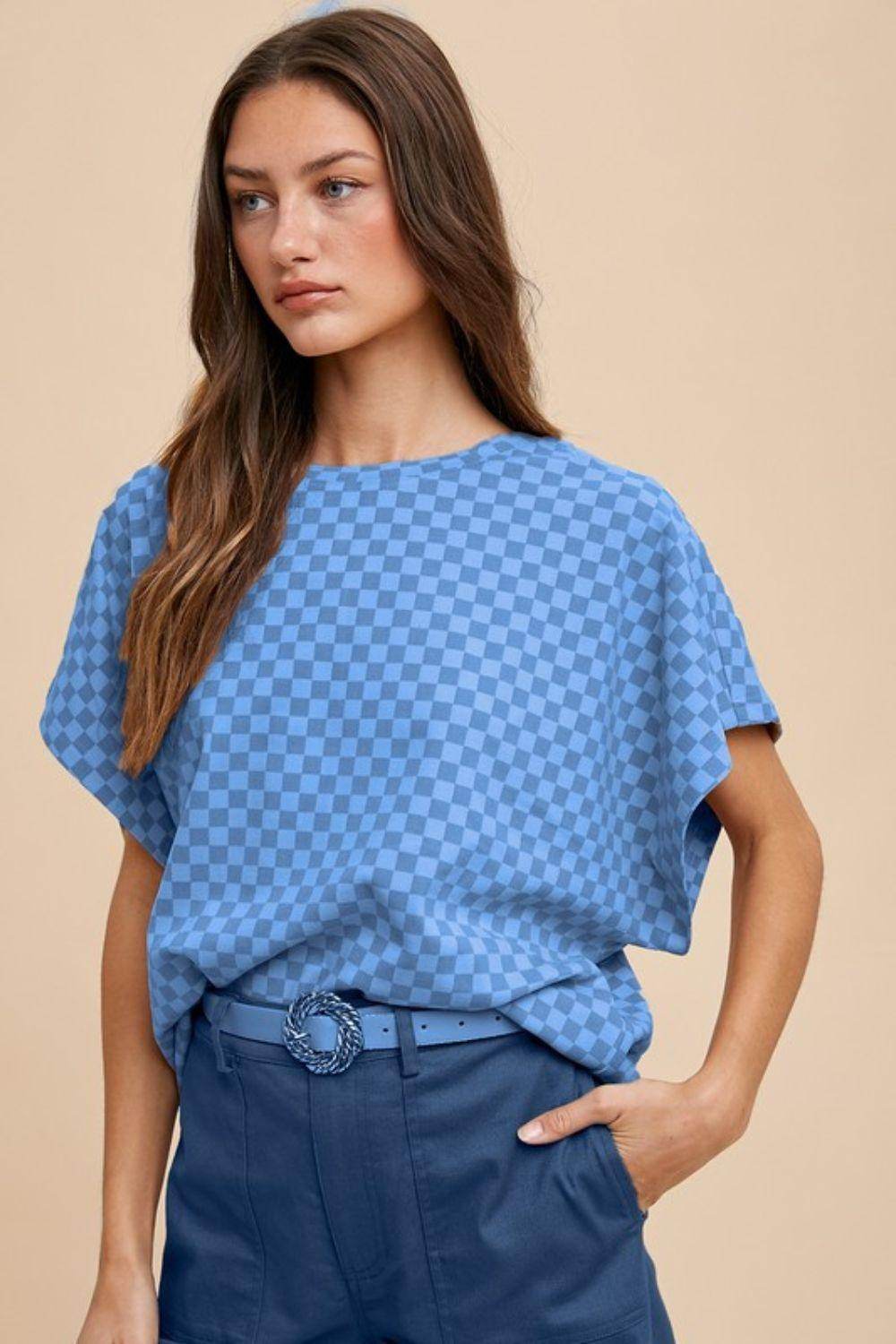 Annie Wear Checkered Round Neck Short Sleeve T-Shirt for Women - Selvanelle