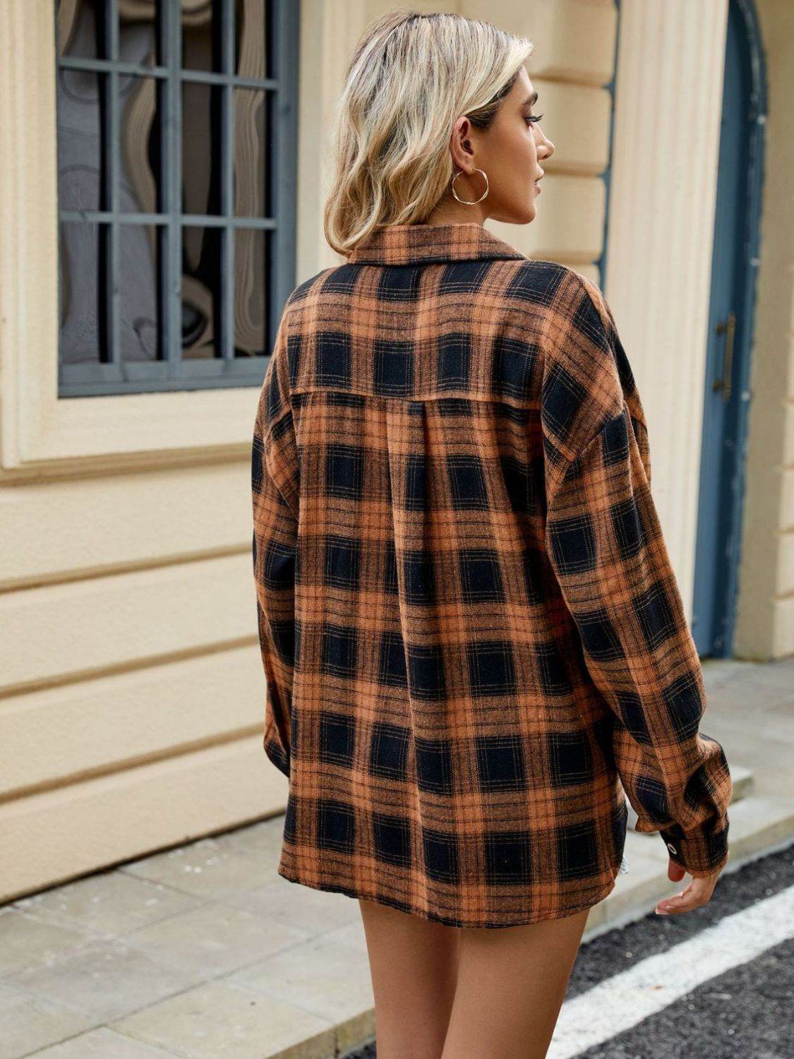 Plaid Collared Neck Long Sleeve Shirt - Selvanelle