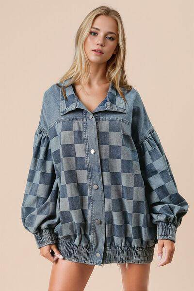 Double Take Checkered Button Up Denim Jacket for All Sizes - Selvanelle