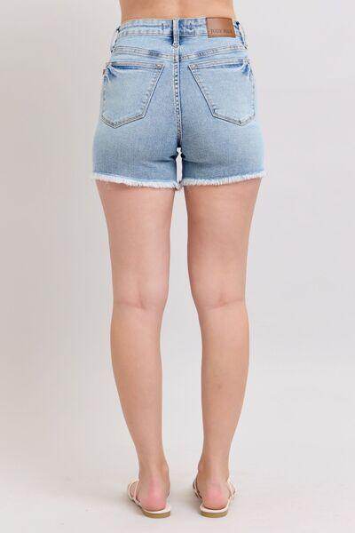 Judy Blue Full Size Tummy Control Raw Hem Denim Shorts Plus Size - Selvanelle