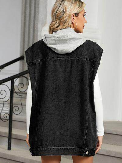 Removable Hood Button Up Cap Sleeve Denim Jacket for Women - Selvanelle