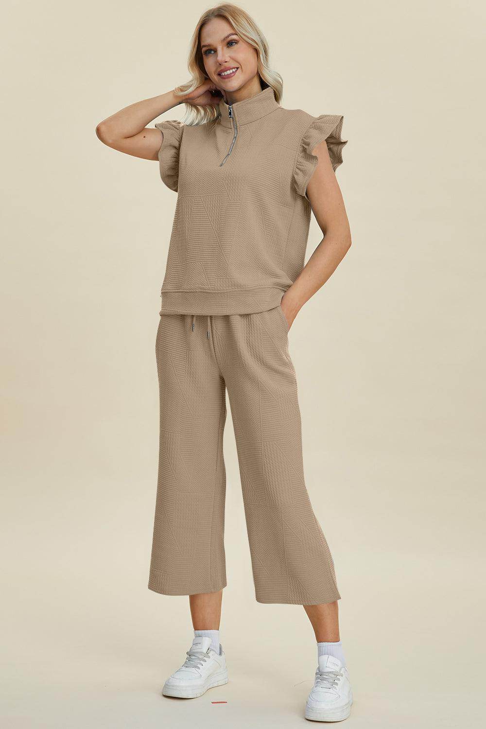 Double Take Full Size Texture Ruffle Top and Pants Set - Selvanelle