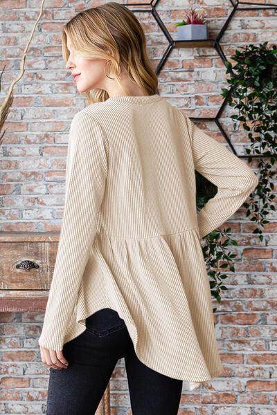 Heimish Full Size Round Neck Long Sleeve Ribbed Babydoll Top - Selvanelle