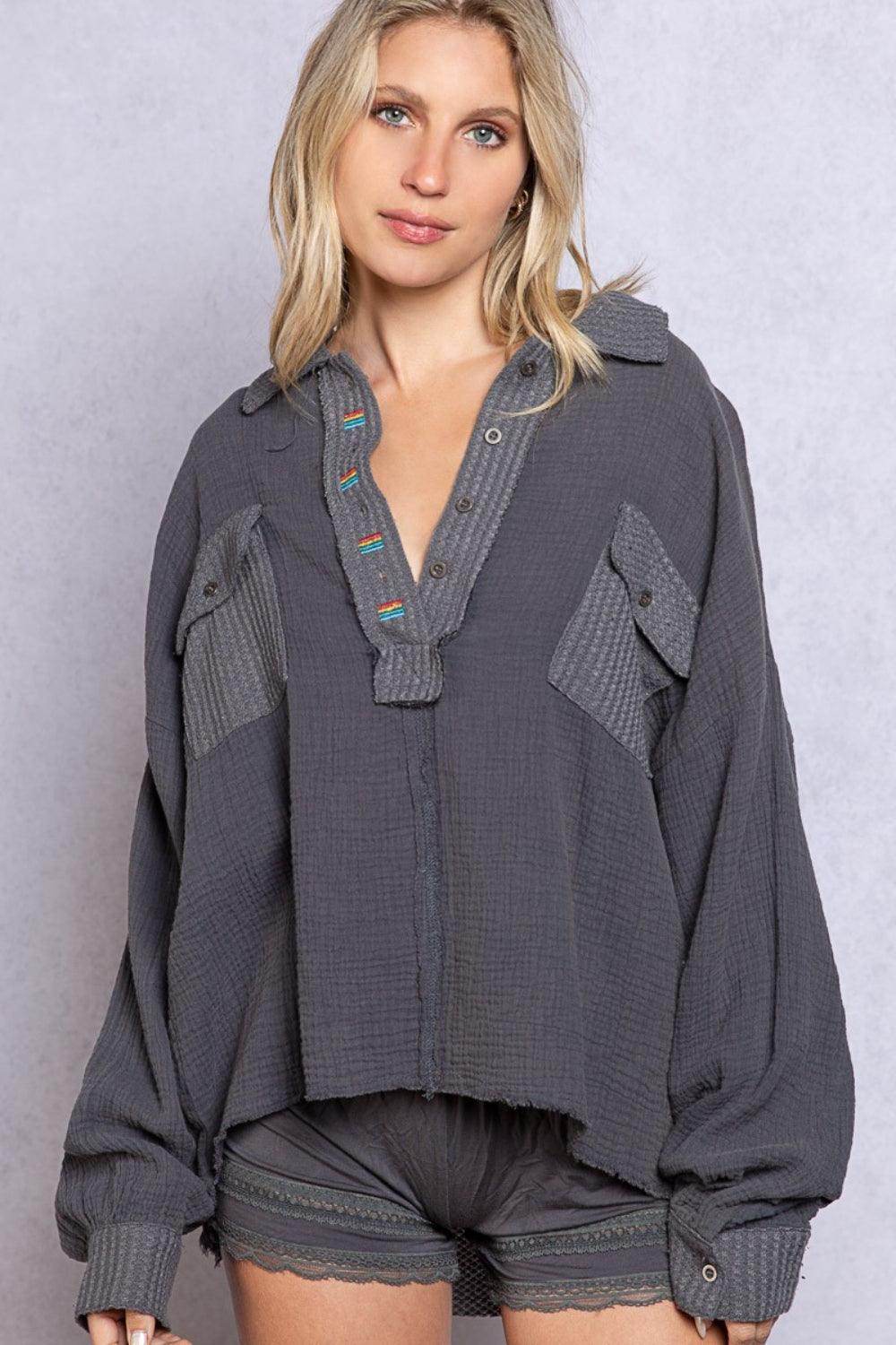 POL Texture Half Button Long Sleeve Top for Women Fashion - Selvanelle