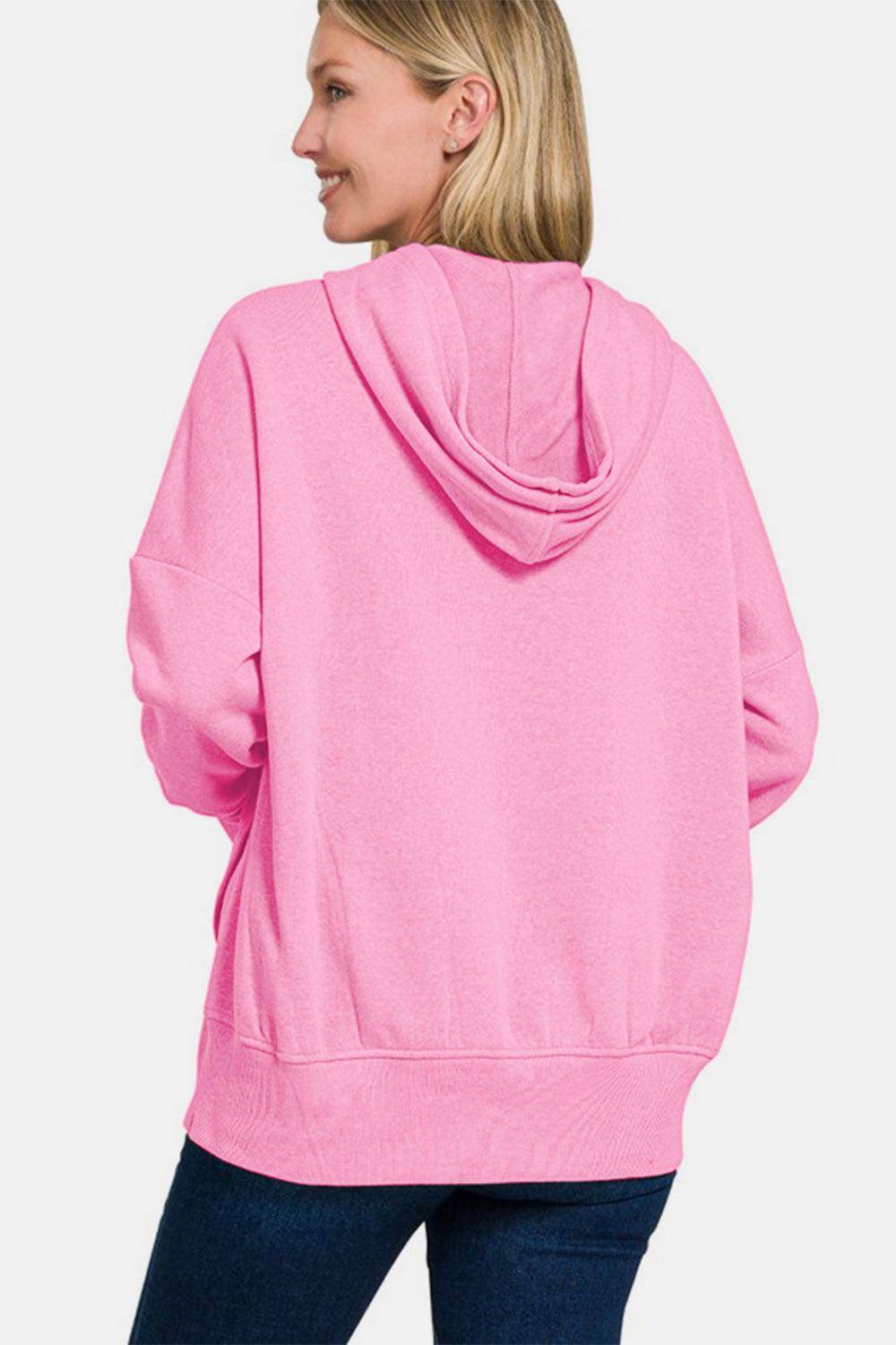 Zenana Half Snap Long Sleeve Hoodie with Kangaroo Pocket - Selvanelle