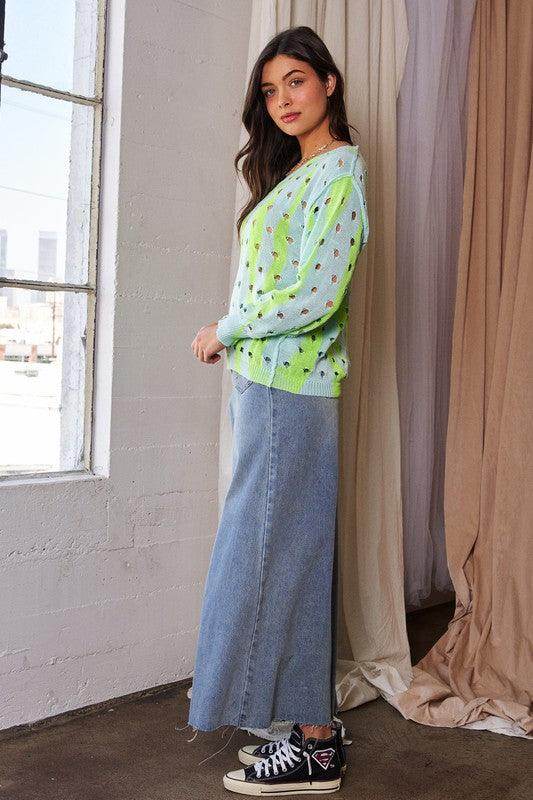 Davi & Dani Two-Tone Ribbed Hem Openwork Knit Top Style - Selvanelle