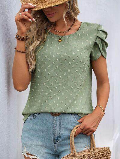 Perfee Swiss Dot Round Neck Petal Sleeve Blouse for Women - Selvanelle