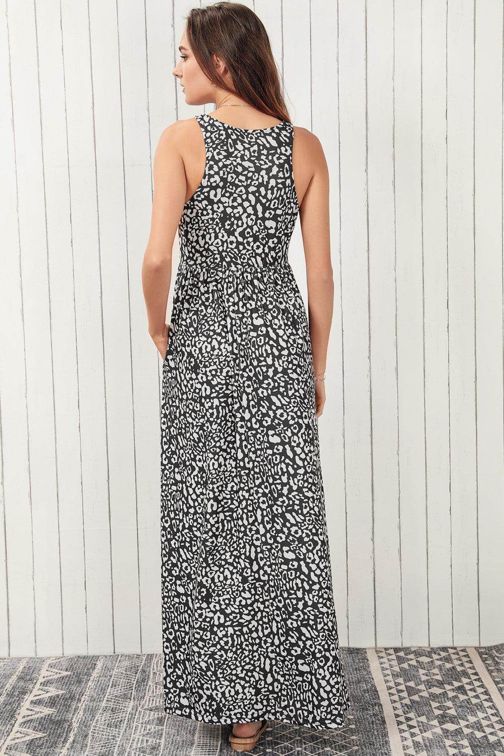 Leopard Round Neck Sleeveless Maxi Dress for Women - Selvanelle