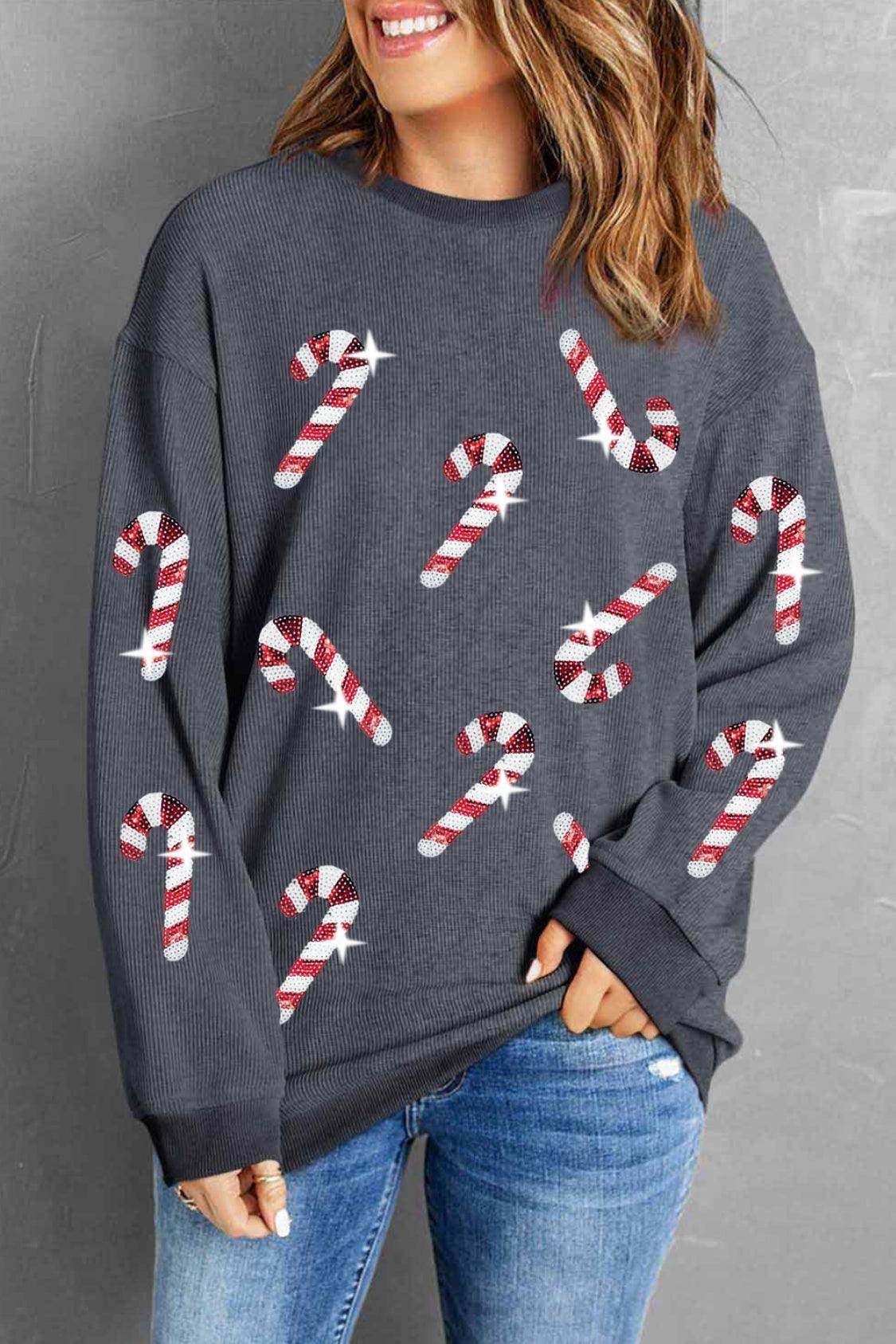 Sequin Candy Cane Round Neck Sweatshirt for Women - Selvanelle