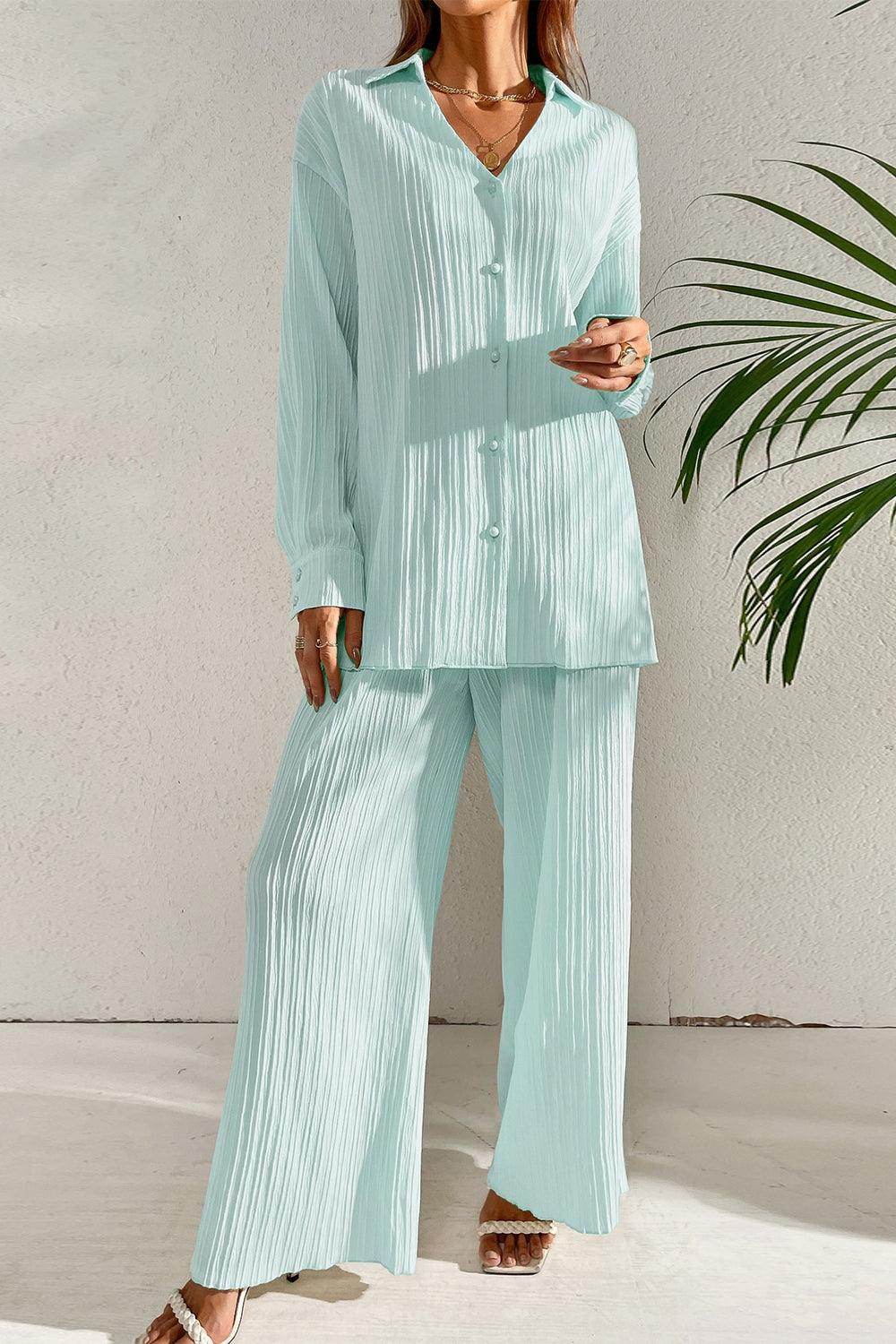 Johnny Collar Button Down Top and Pants Set for Women - Selvanelle