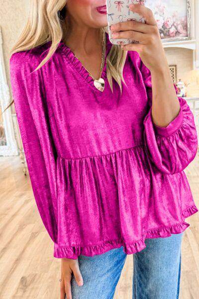 Frill V-Neck Long Sleeve Blouse for Stylish Women - Selvanelle