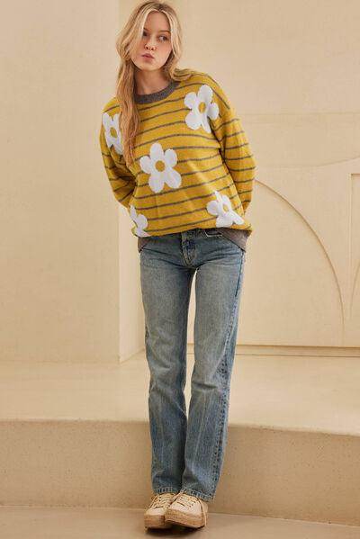 Flower Stripe Round Neck Long Sleeve Sweater for Women - Selvanelle