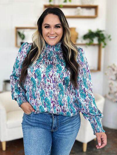 Double Take Full Size Printed Smocked Long Sleeve Blouse - Selvanelle