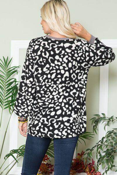 Celeste Full Size Leopard V-Neck Long Sleeve Blouse for Women - Selvanelle
