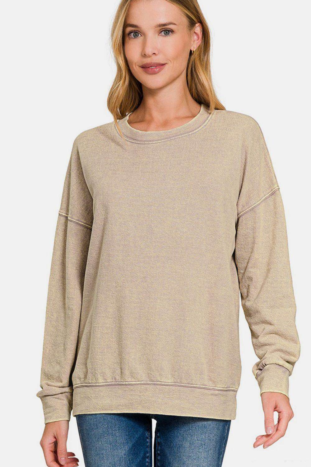 Zenana Washed Round Neck Dropped Shoulder Sweatshirt for Women - Selvanelle