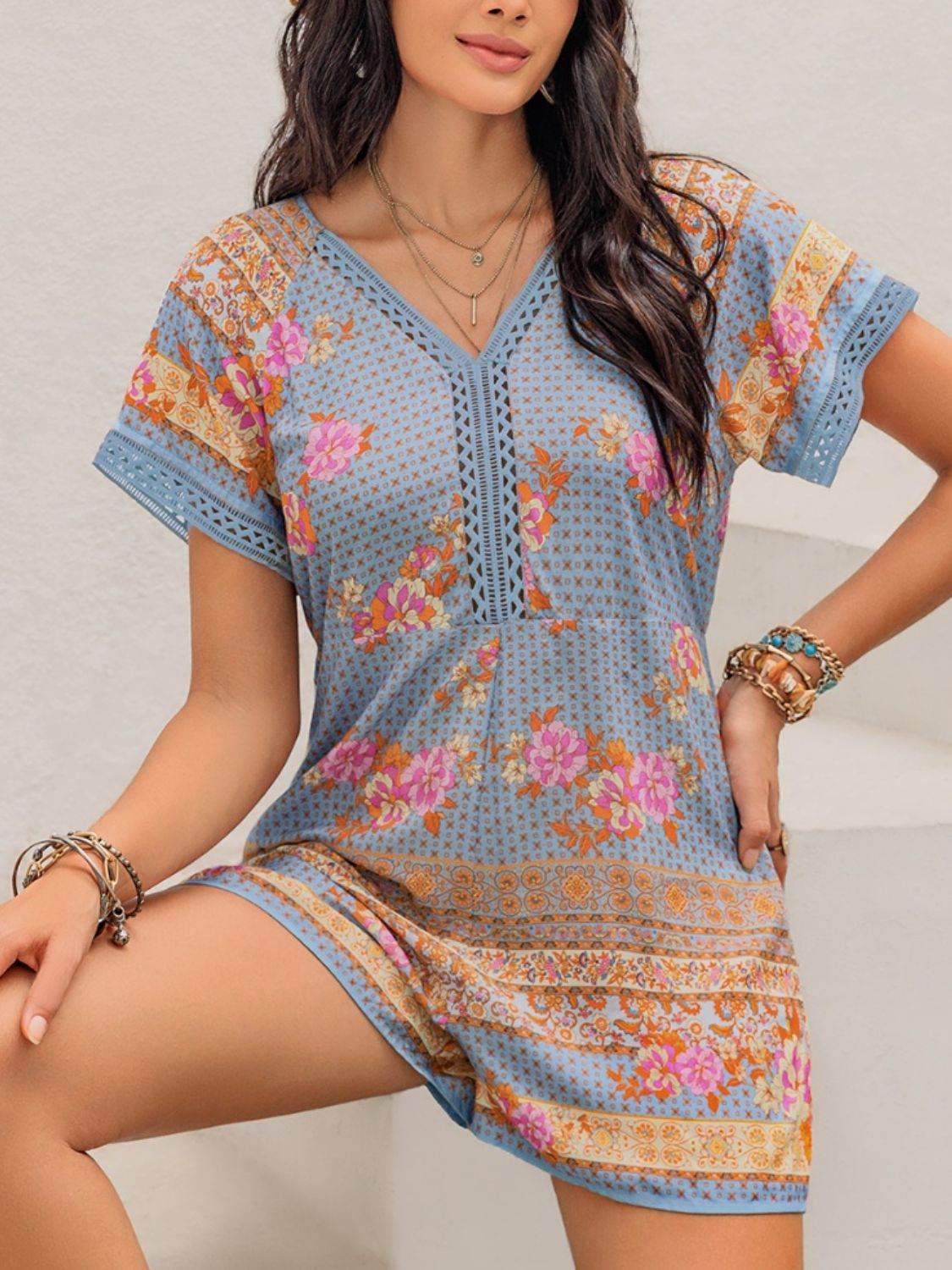Printed V-Neck Short Sleeve Romper - Selvanelle