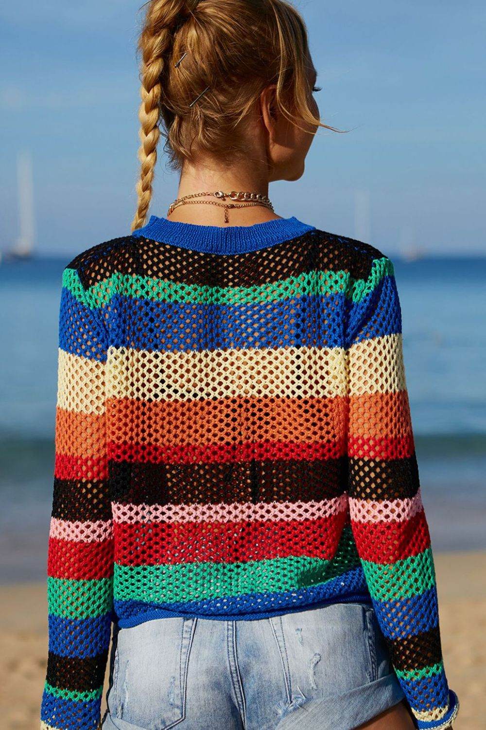 Angel Wings Rainbow Stripe Openwork Long Sleeve Cover-Up - Selvanelle